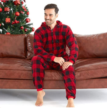 Family Christmas Pajamas Buffalo Plaid Adult Sherpa Lined Hoody One Piece Pajamas Sets Family Christmas Pajamas