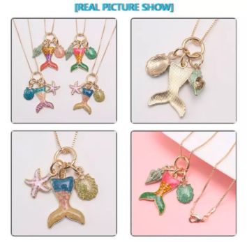 Fancy Beauty Girls Children Enamel Cartoon Necklaces Cute Ombre Color Shell Starfish Mermaid Tail Pendent Necklaces for Kids
