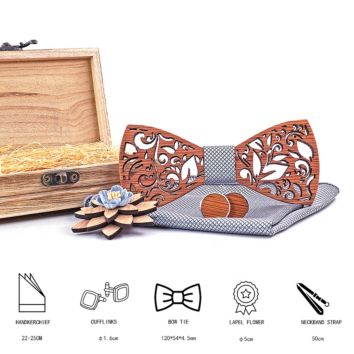 Formal Mens Wooden Bowtie Pocket Square Cufflink Brooch Gift Box Set for Business