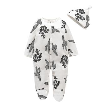 Infant Toddler Boys Girls Long Sleeve Cactus Print 100% Cotton Romper Baby Jumpsuit Footie with Hat