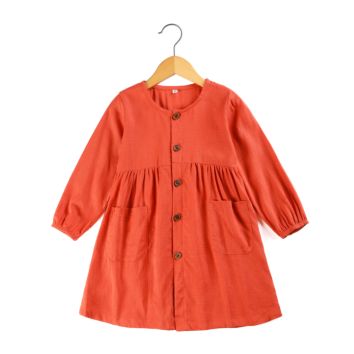 Product Solid Clothes Fall and Two Pocket Button up Long Sleeve Kids Girls Dress