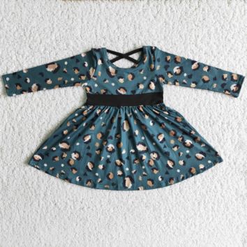 Rts Baby Girls Autumn Boutique Child Blue Leopard Long Sleeve Design Knee Length Twirl Milk Silk Girls Dresses