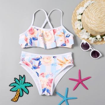 Kids Swimwear Ruffle-Strap Halter Lace up Two-Piece Girl Swimwear