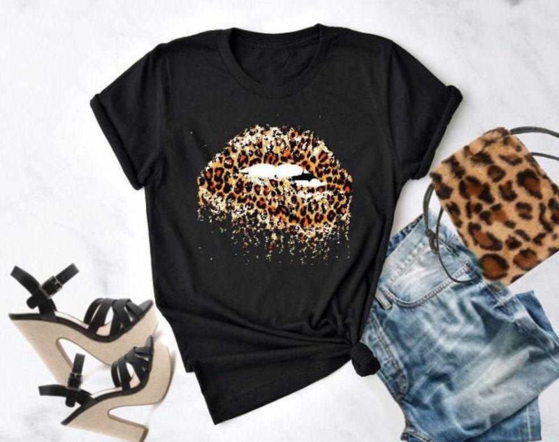 Short Sleeves Lips Leopard Print T Shirts for Women