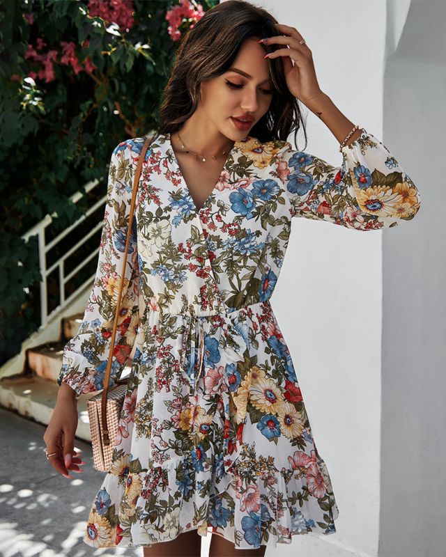 Style Chiffon Flower Dresses V-Neck Long-Sleeved Floral Print Casual Women Dress