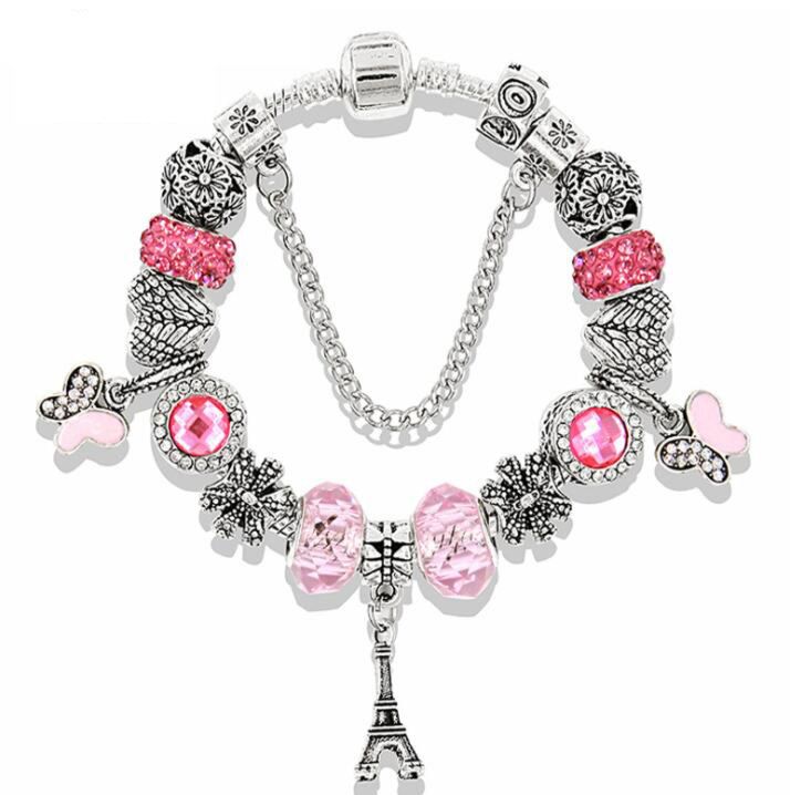 Butterfly Eiffel Tower Charm Bracelet Crystal Bead Diy Bracelet for Women Girls