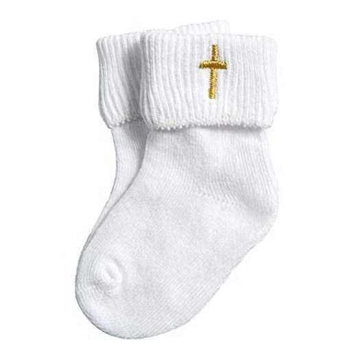 White Boys Baptism Christening Socks with Cross Embroidery