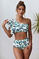 Leaves Print Multi Color Floral Ruffled Single Shoulder High Waist Bikini Swim Suit Wear