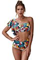 Leaves Print Multi Color Floral Ruffled Single Shoulder High Waist Bikini Swim Suit Wear
