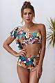 Leaves Print Multi Color Floral Ruffled Single Shoulder High Waist Bikini Swim Suit Wear