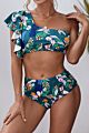 Leaves Print Multi Color Floral Ruffled Single Shoulder High Waist Bikini Swim Suit Wear