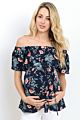Ihsm12 Women's Floral Printed Chiffon Blouse, off Shoulder Stitching Short Sleeve Maternity Top