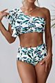 Leaves Print Multi Color Floral Ruffled Single Shoulder High Waist Bikini Swim Suit Wear