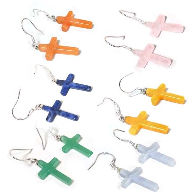 Gemstone Cross Earring Silver Hook Red Aventurine Sodalite Green Aventurine Rose Quartz Yellow Jade Blue Lace Agate