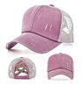 Female Cotton Mesh Sports Baseball Trucker Cap Distressed Washed Denim Cross Ponytail Hat