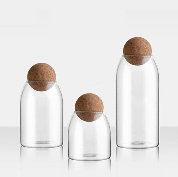 Lead-Free Glass Jar with round Cork Stopper Tea Sealed Jar Bar Counter Storage Flower Nectar Coffee Bean Display Bottle