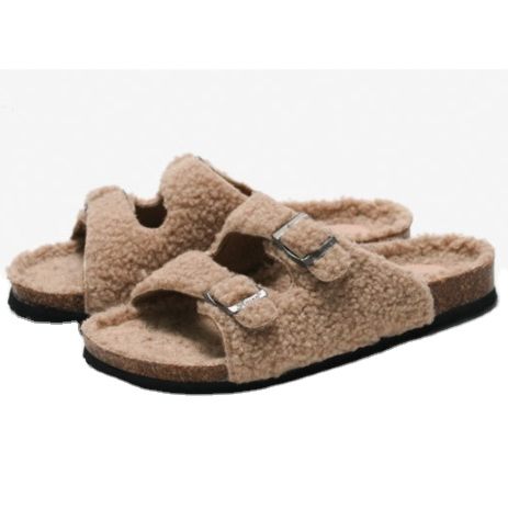 American Newest Design Price Women Sandals Fleece Lining Double Buckle Cork Slipper