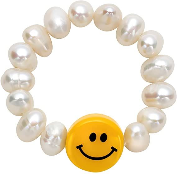 Simple Cute Pearl Handmade Stacked Elastic Rings Smiley Beaded Irregular Pearl Rings for Girls