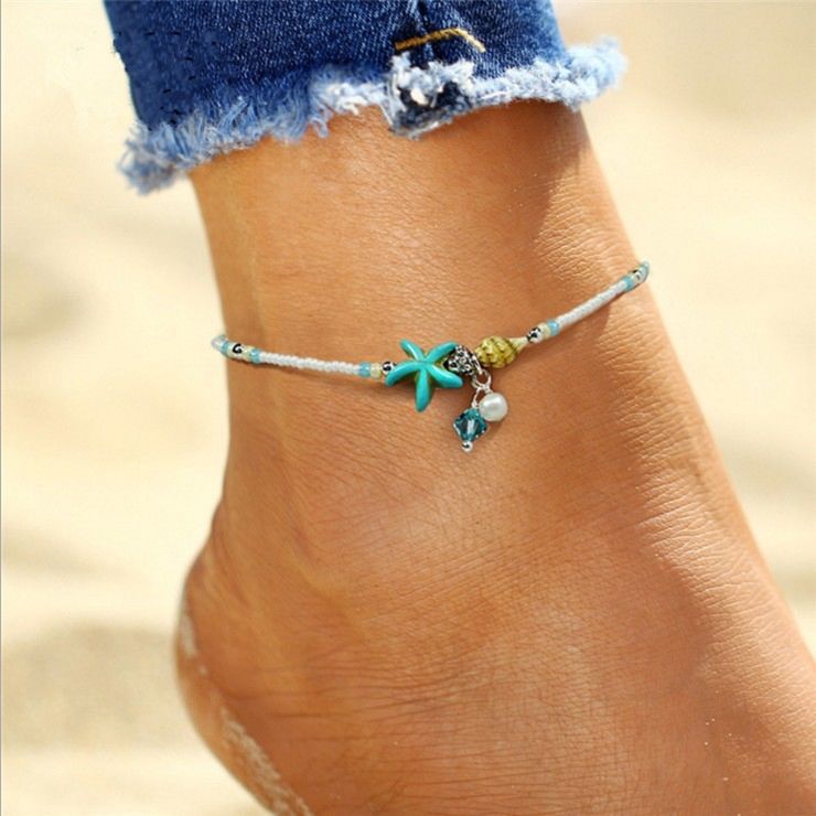 Bohemian Anklets for Women Pearl Ankle Bracelets Set Boho Layered Beach Adjustable Chain Starfish Anklet Foot Jewelry