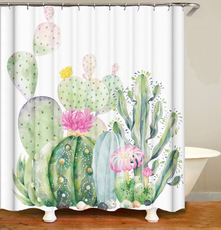 Ihome Bpolyester Customized Green Plant Cactus Waterproof Shower Curtain Bathroom