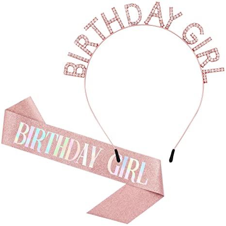 Glitter Birthday Girl Sash Rhinestone Happy Birthday Headbands Set for Girls Birthday Party Supplies