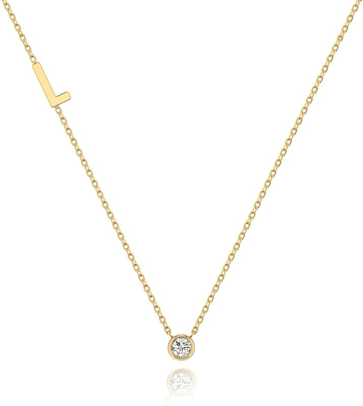 Sideways Initial Letter Pendant Necklace with Crystal Cubic Zirconia, 14+2" Premium Stainless Steel 14K Gold Plated