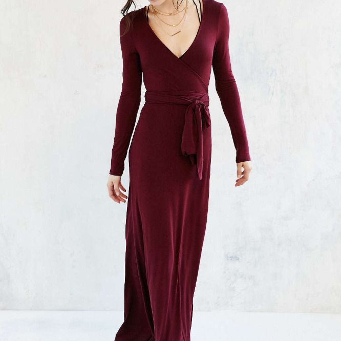 Woman Maxi Dress Wrap Dress with Self Fabric Waist Tie