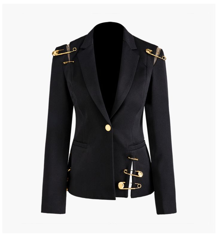 Suits Women Shoulder Patchwork with Mesh Ladies Blazer with Special Pin Slim Black Blazer Women