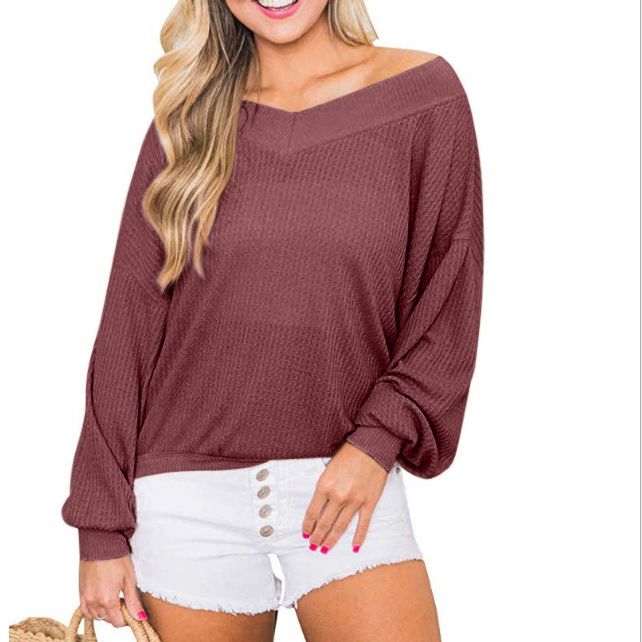 Ladies Waffle Knit Tunic Tops Loose Pullovers Long Sleeve V Neck Shirts Women Clothes