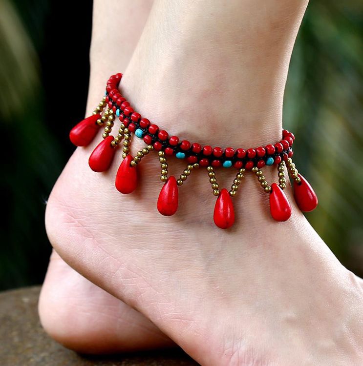 Bohemian Ethnic Wind Hand-Woven Bells Water Drop Bracelet Retro Copper Beads Turquoise Beach Anklet Female