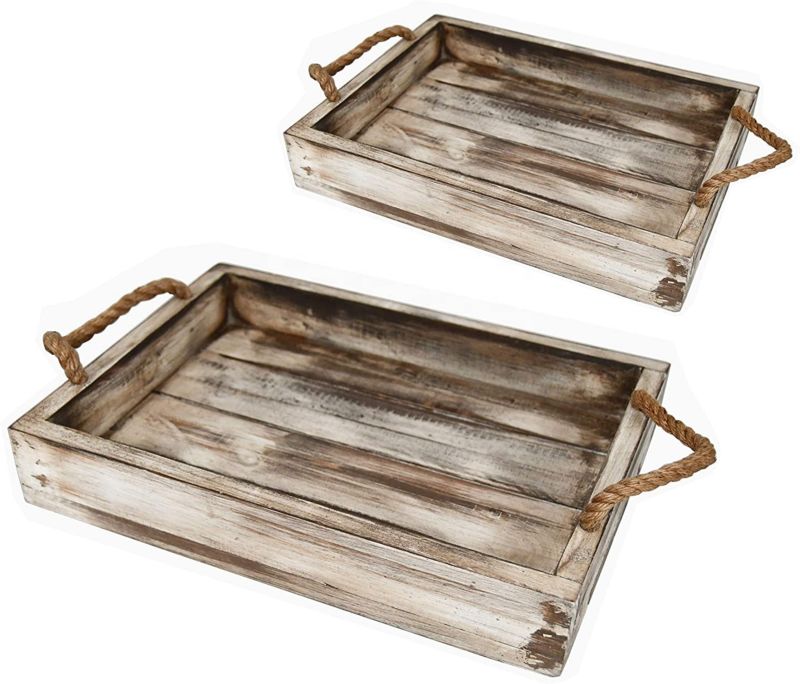 Country Rustic Wood Coffee Tray with Rope Handles/Breakfast Platters/Serving Trays Set of 2