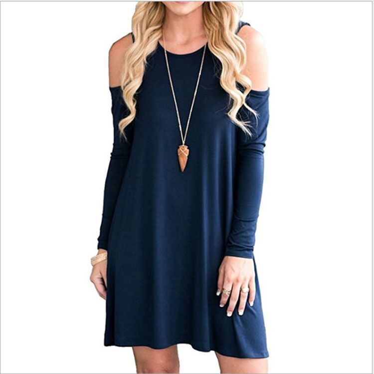 Women's Long Sleeve Cold Shoulder Tunic Top Swing T-Shirt Loose Dress with Pockets