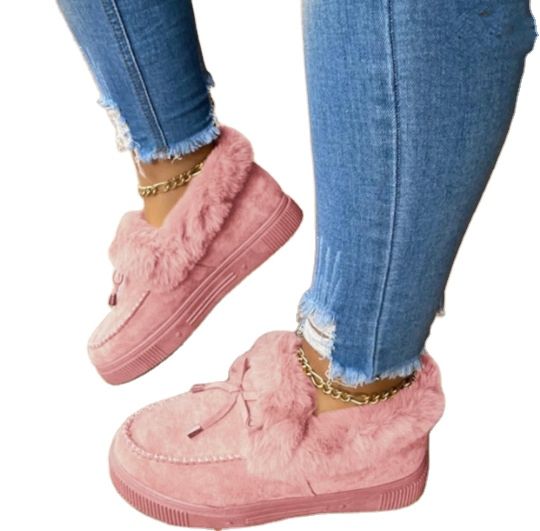 Autumn Women's Casual Faux Fur Shoes Cute Bow Knot Fluffy Furry Slip-On Sneakers Ladies Plush Loafers Flats