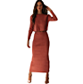 Fyb Ladies 100% Premium Cotton 2 Piece Pants Set Long Skirt Women Rib Knitted Crew Neck Skirt Sweater Dress Set for Women