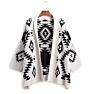 Latest Sales Medium Length Black and White Geometric Diamond Jacquard Cotton Knitting Cardigan Sweater