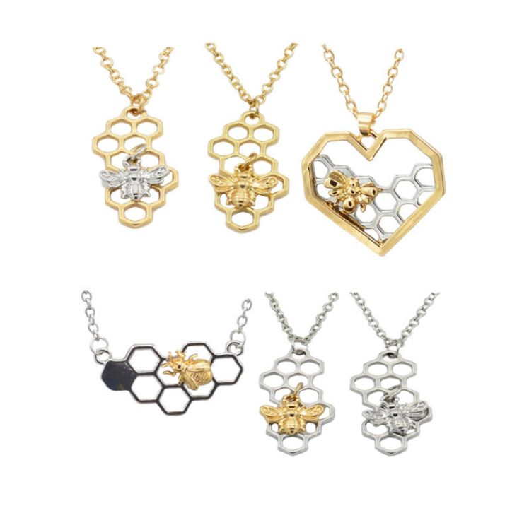 18K Gold Plated Bee Heart Pendant Necklace Real Gold Chain Honeycomb Bee Necklace