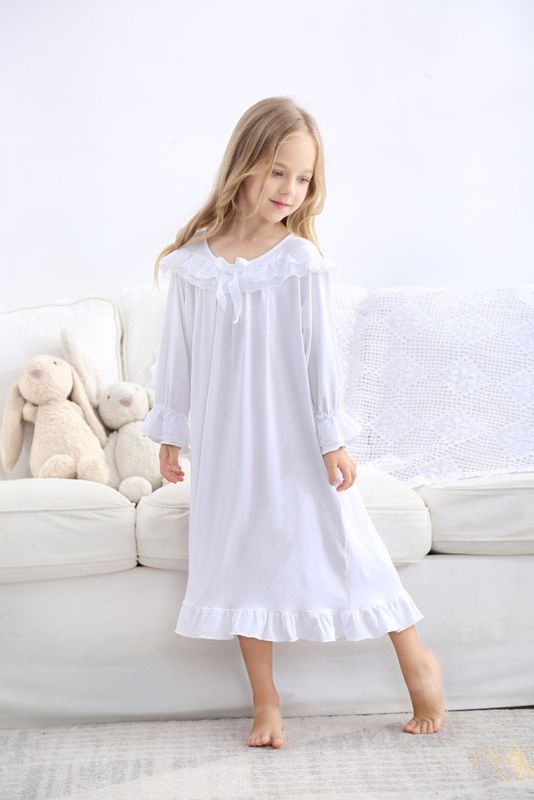 Customized Kids Nightwear Girls Long Pure Cotton Sleeve Kid Pajamas White Color Kids Sleeping Dress Girls' Sleepwear