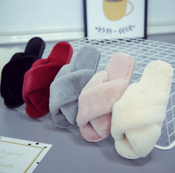 Home Furnishing Indoor Plush Flat Floor Mop Open Toe Cross Flip Flop Warm Cotton Slippers