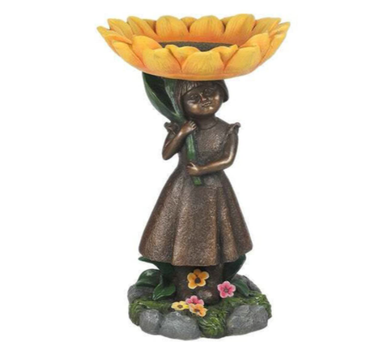 Cute Little Girl Holding Sunflower Bird Feeder Resin Garden Statue