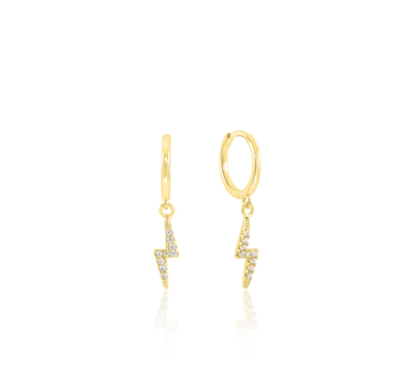 Dainty Stainless Steel Hoops with Diamond Pave Huggie Earrings Non Tarnish Gold Plated Lightning Bolt Charm Earrings