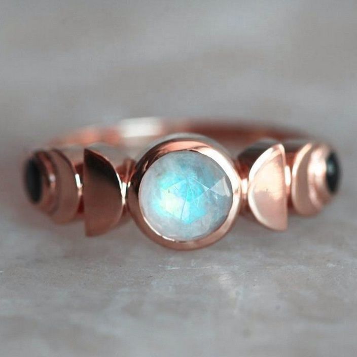 Moon Phase Ring Moon Cycle Ring Ladies Imitate Moonstone Crystal Ring Retro Rose Gold Color Celestial Jewelry