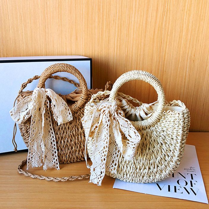 One-Shoulder Handmade Women Straw Bag Beach Straw Crossbody Handbag with Bow