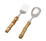 Natural Bamboo Silverware Set with Serving Utensils, Stainless Steel Forged Cutlery Salad Fork and Spoon Set for Hotel