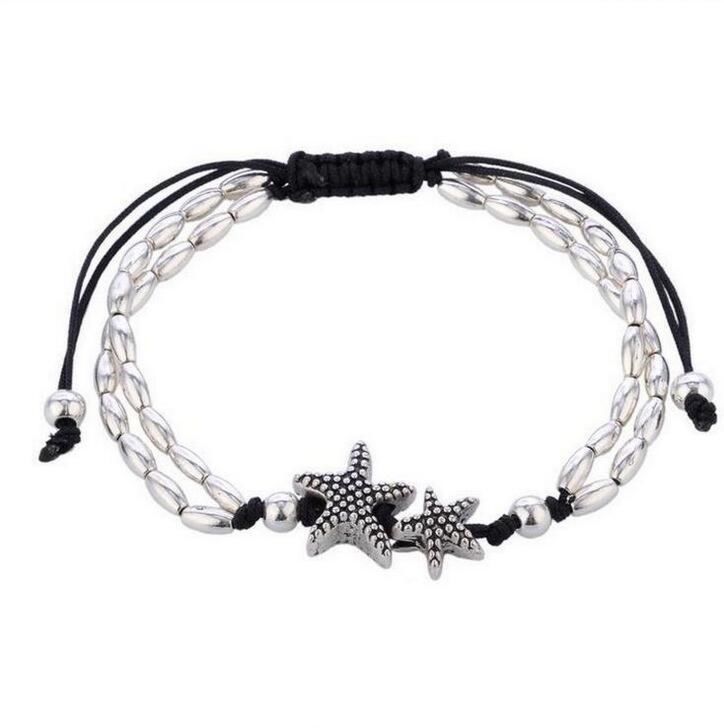Design Retro Silver Plated Starfish Anklet Simple Bohemian Double Layer Beaded Chain Starfish Anklet for Women