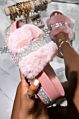 Chunky Platform Fur Slide Slippers for Women with Bling Thick Bottom Female Stylish Footwear Slippers