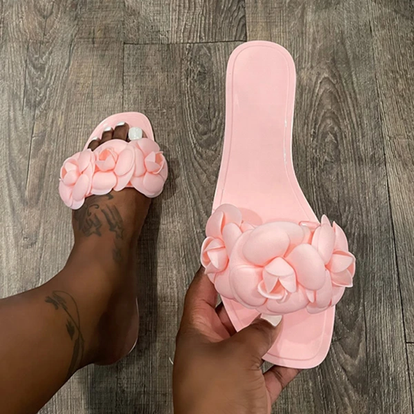 Stylish Girls Light Weight Shoes Colorful Flower Decoration Ladies Flat Slides Slippers