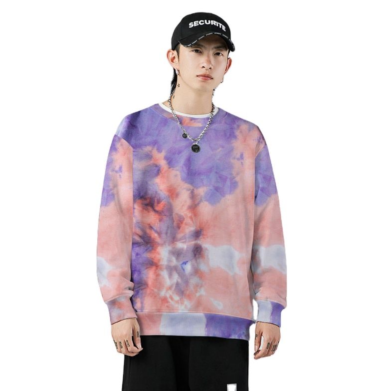 Mens round Collar Loose Casual Long Sleeve Hoodie Tie Dye Sweater